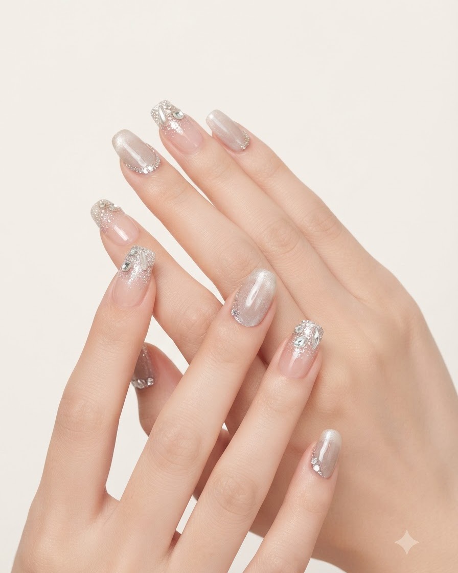Une main reposant à lintérieur dune lampe à ongles LED rose avec une lumière violette brillante catalysant le gel cat-eye fraîchement magnétisé.