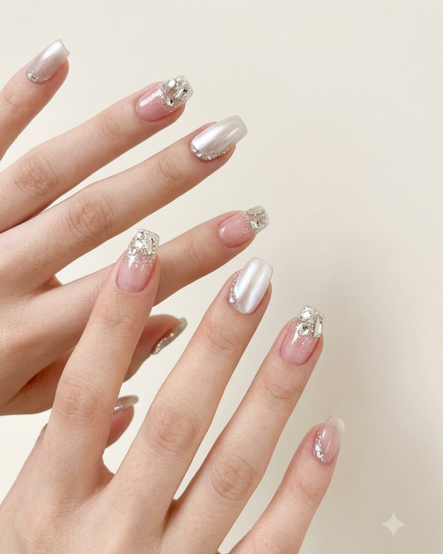 Un pinceau fin plaquant une goutte claire de gel de construction près de la zone des cuticules dun ongle cat-eye terminé.