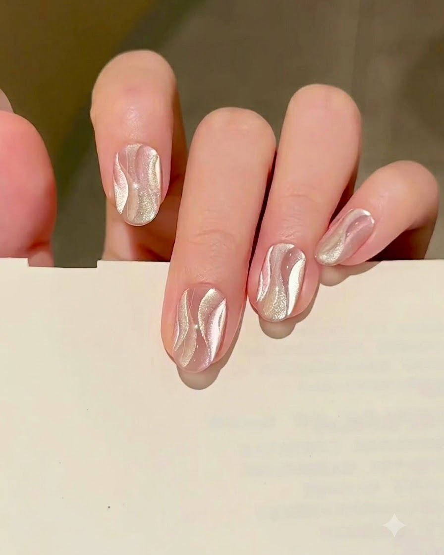Un pinceau appliquant une couche fine et lisse de vernis gel nude au centre dun ongle propre et préparé.
