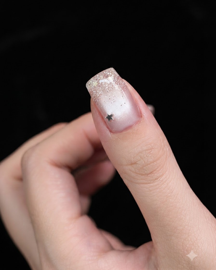 Gros plan dun ongle montrant un dégradé de paillettes argentées estompé vers le bas depuis la pointe sur une base cat eye.