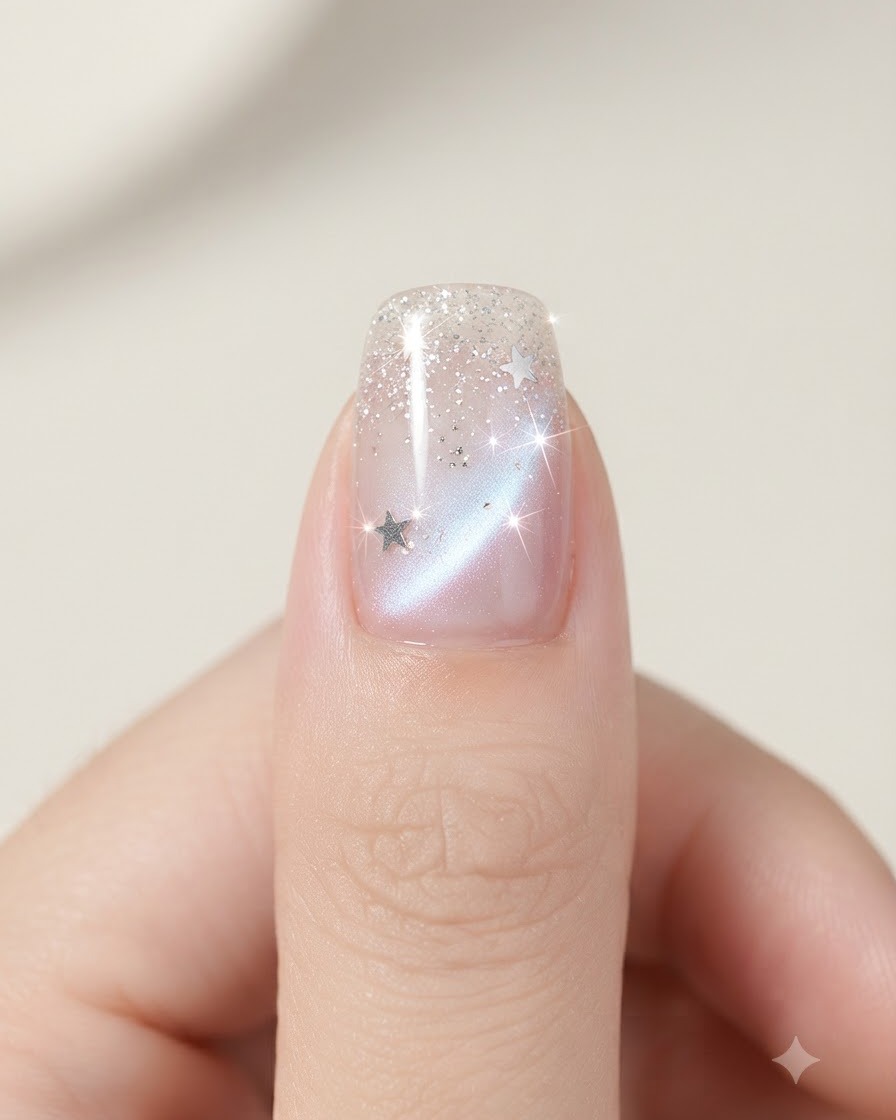 Une paire de brucelles posant de petits morceaux de paillettes en forme détoile argentée sur un ongle décoré et vernis au gel.