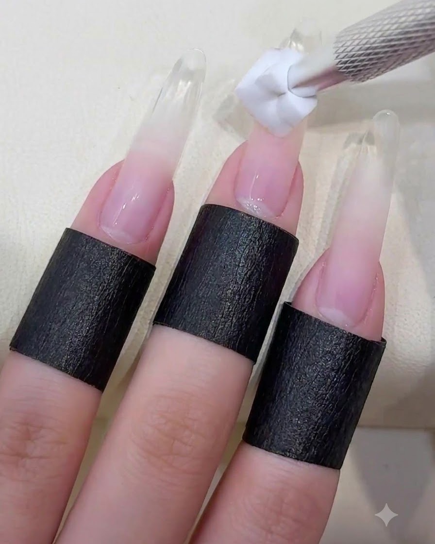 Une lingette non pelucheuse tamponnant un vernis bleu clair transparent sur le bout dun ongle long.
