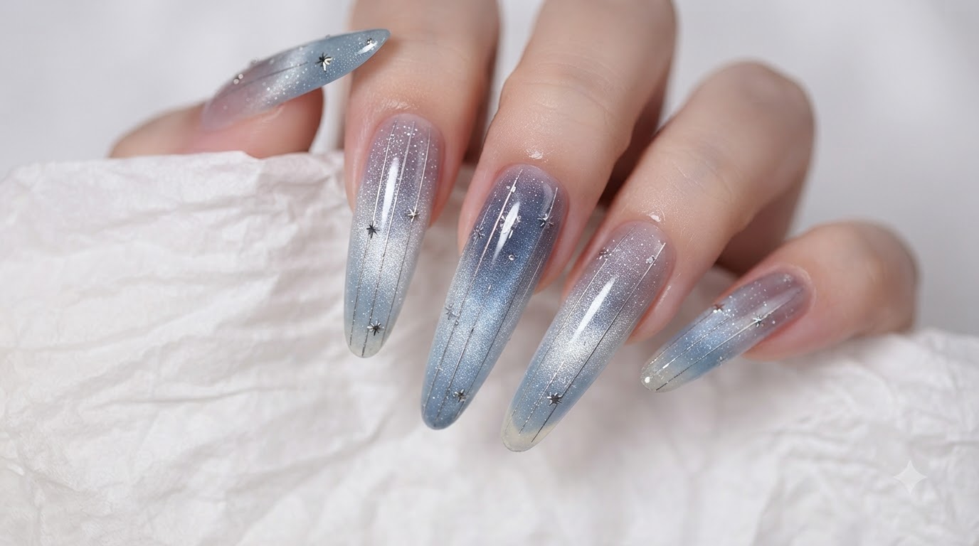 Ongles Effet Cat Eye Étoilés d'Été — Dégradé Bleu et Nail Art Étoiles