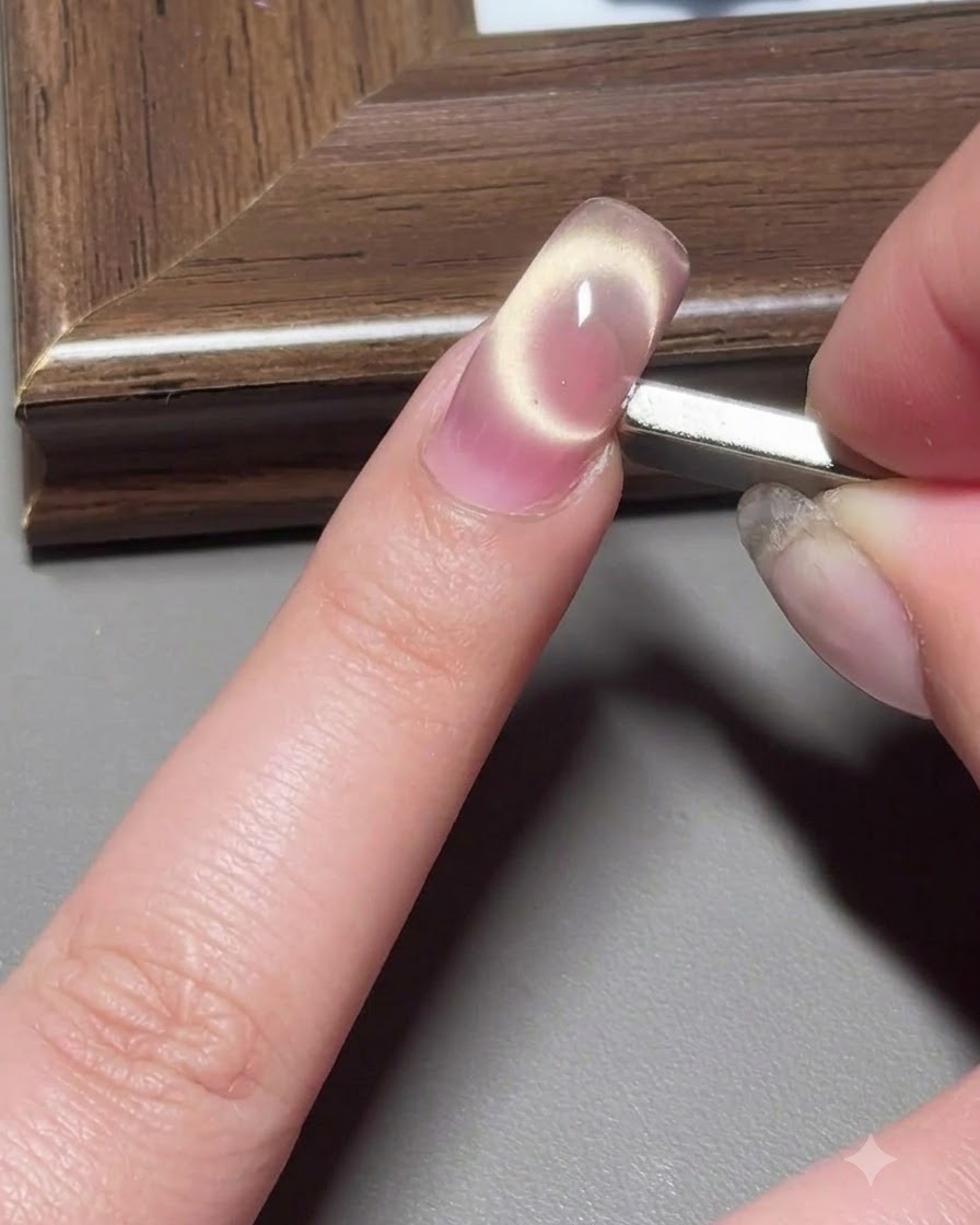 Un pinceau appliquant une couche de gel cat-eye rosé sur un ongle long.