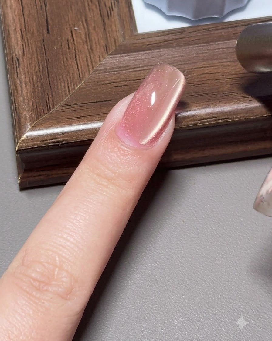 Un aimant cylindrique tenu près du côté dun ongle en gel cat-eye pour créer une lueur latérale.