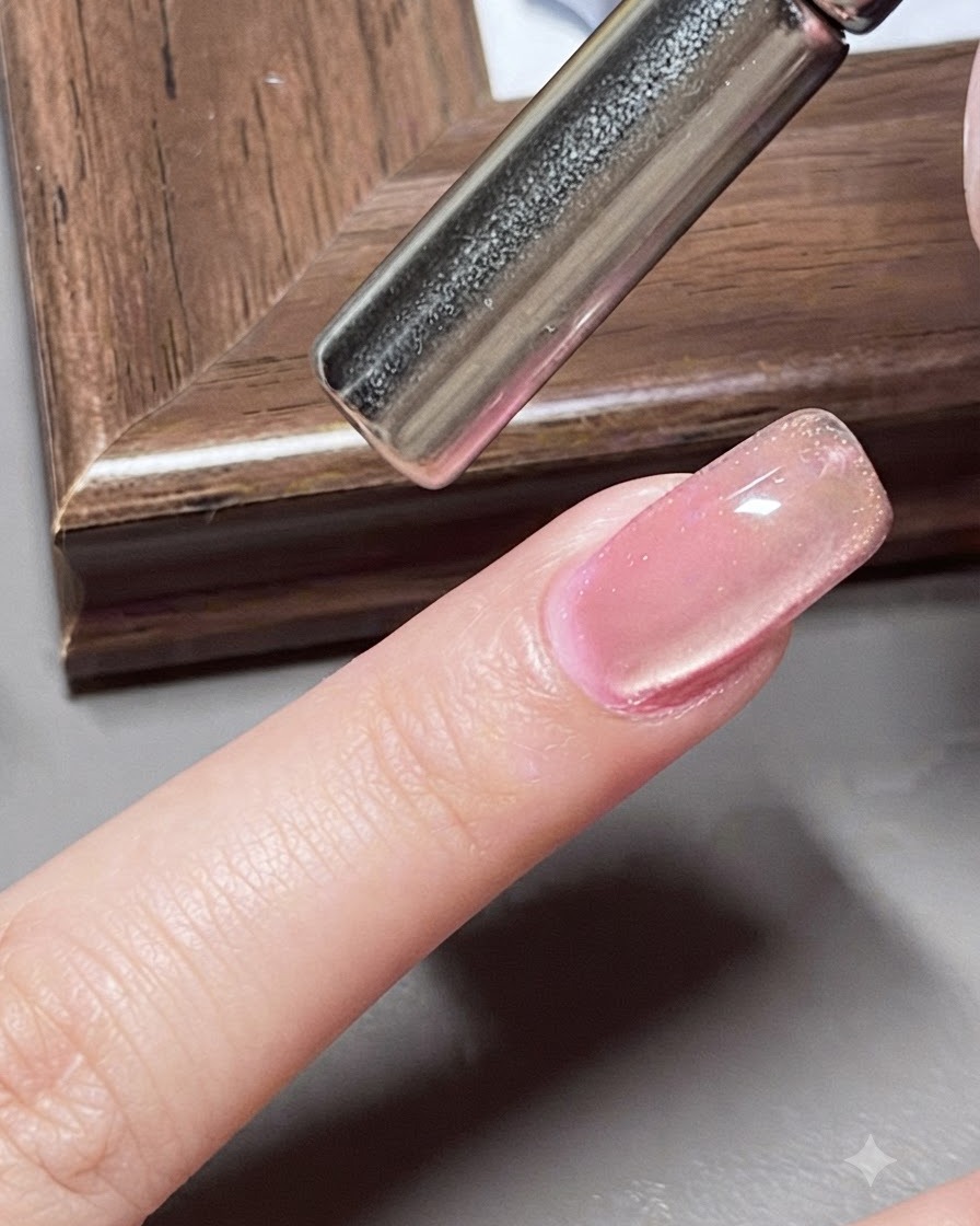 Un outil magnétique positionné au-dessus de longle pour créer un effet cat-eye à lumière large.