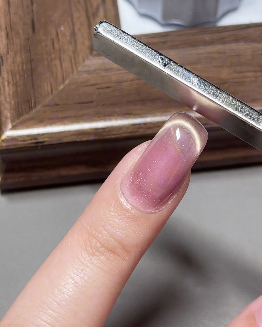 Un aimant large façonnant un reflet en ligne de sourire française sur longle en gel cat-eye.