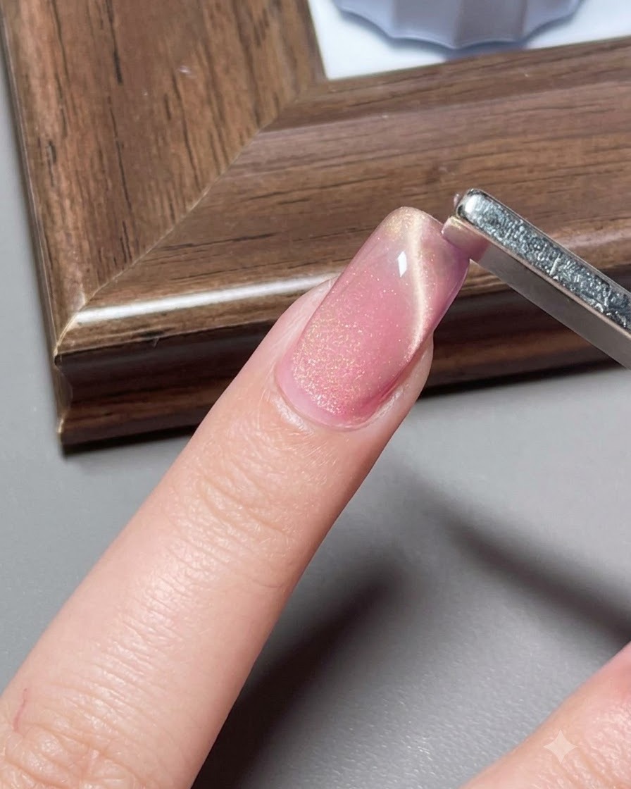 Un outil magnétique large tenu à la verticale près dun ongle en gel cat-eye rose pour former une ligne centrale lumineuse.