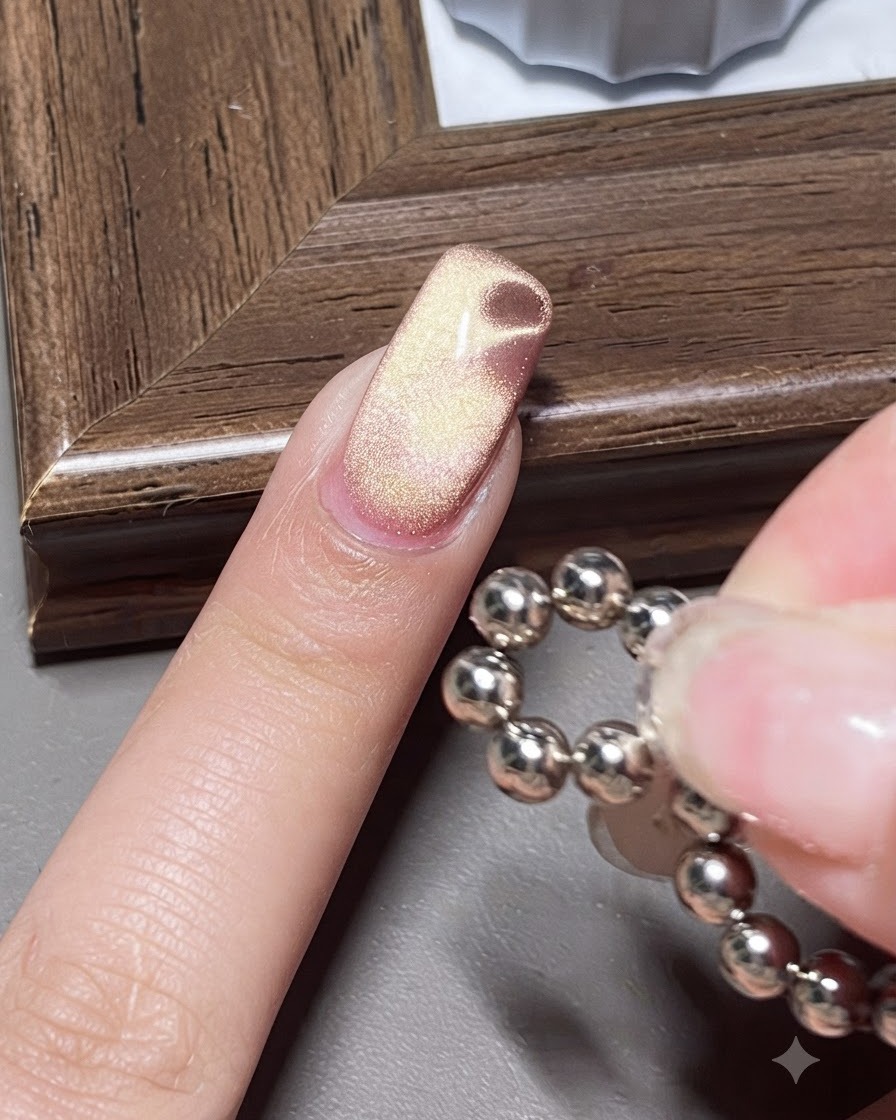 Un aimant perlé sphérique planant près dun ongle en gel cat-eye pour créer un effet dondulation deau.