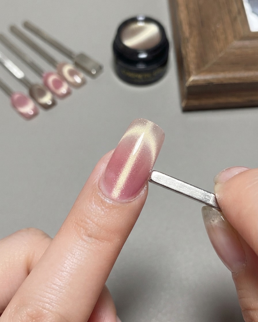 Un aimant large tenu à plat et à la verticale contre le côté dun ongle présentant un effet cat-eye en vagues de lumière.