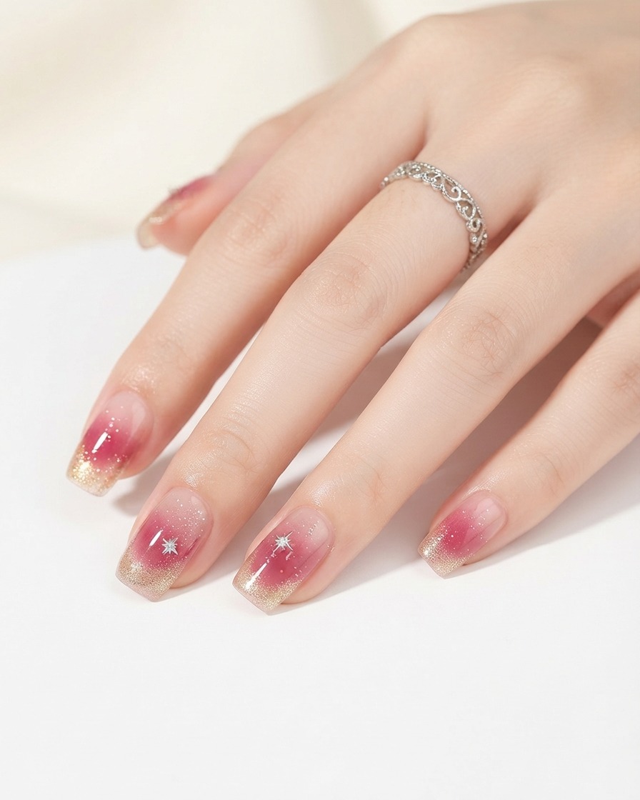 Un petit pinceau à ongles appliquant du vernis gel rose au centre dun onglet pour créer un dégradé.