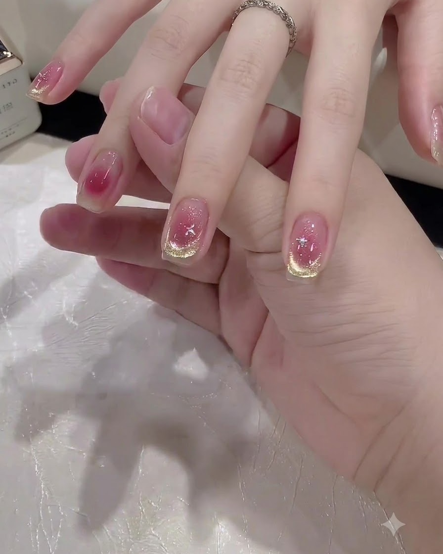 Un pinceau dombrage plat lissant un dégradé de gel rose vers la cuticule sur un ongle.