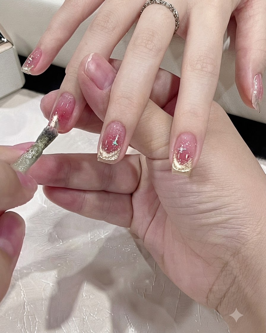 Un pinceau appliquant du gel cat-eye magnétique doré étincelant pour former une french manucure.