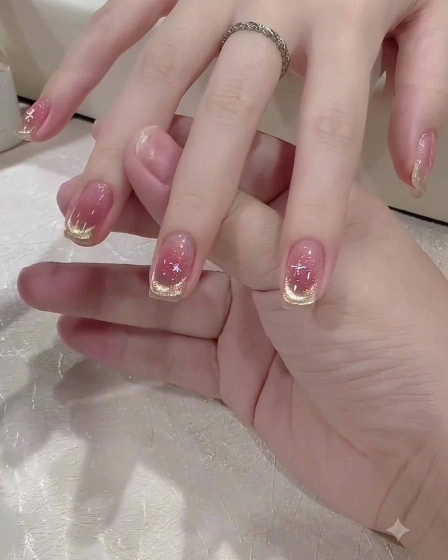 Un pinceau de détail appliquant une petite goutte de gel adhésif transparent sur un ongle décoré.