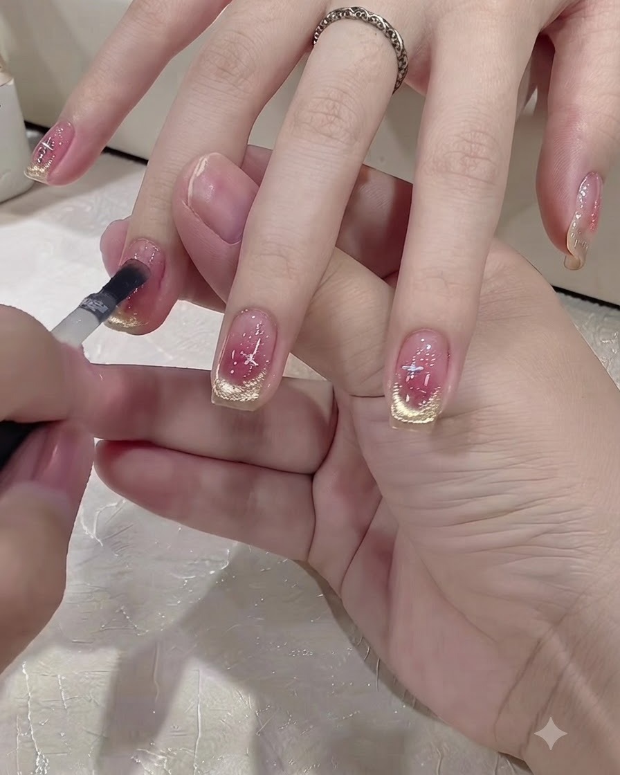 Un petit pinceau appliquant une couche de finition transparente sur un ongle décoré.