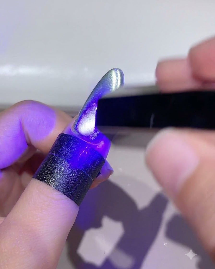 Un onglet sous une lampe UV LED en train de catalyser le design œil-de-chat façonné.