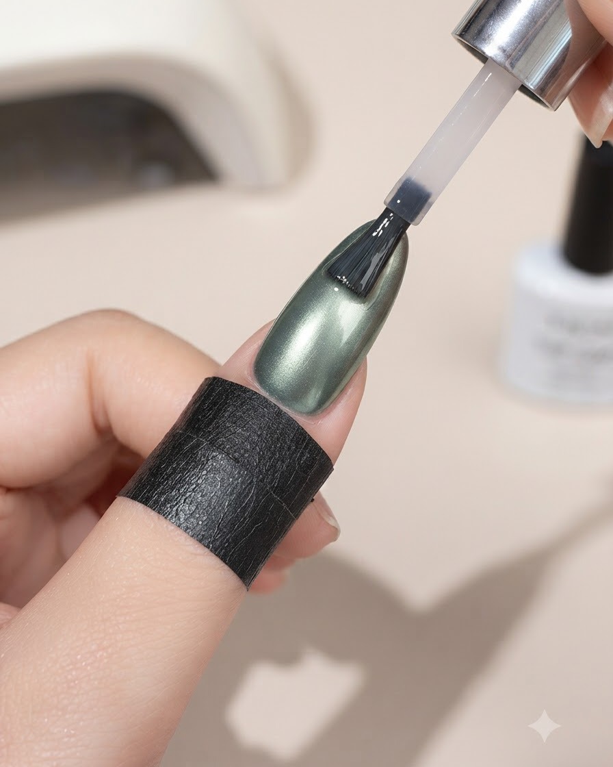 Un pinceau appliquant un top coat de polissage Style Valley sur un ongle œil-de-chat vert.