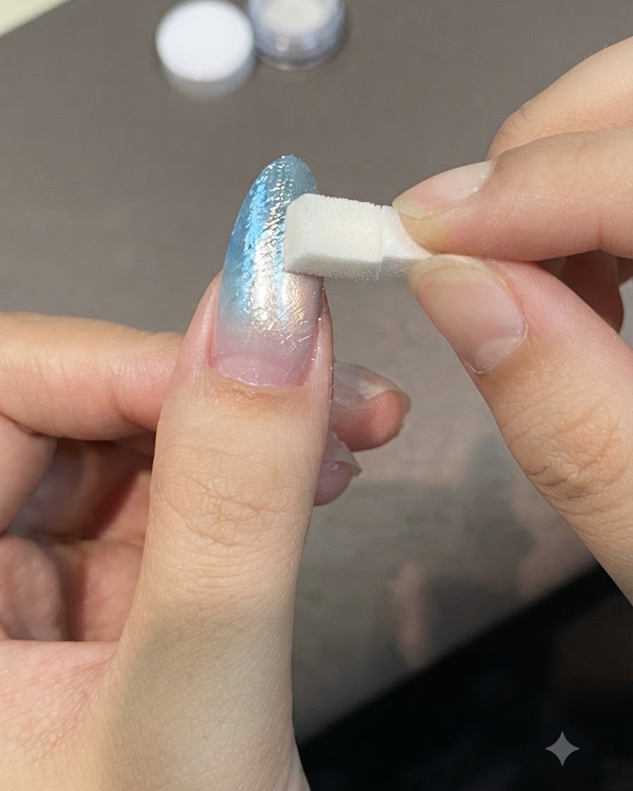 Un petit applicateur en éponge tamponnant de la poudre de perle scintillante sur la surface dun ongle poli.