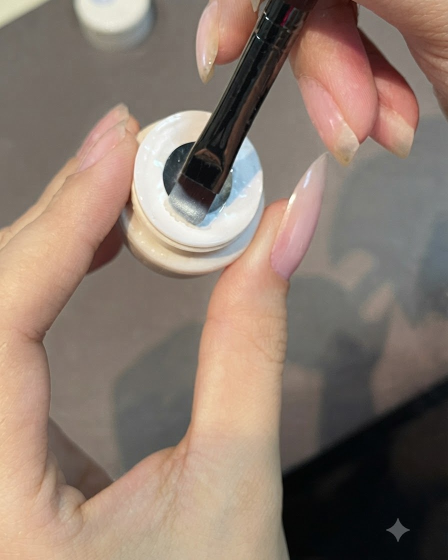 Un pinceau plat appliquant une fine couche de gel cat eye translucide sur longle.
