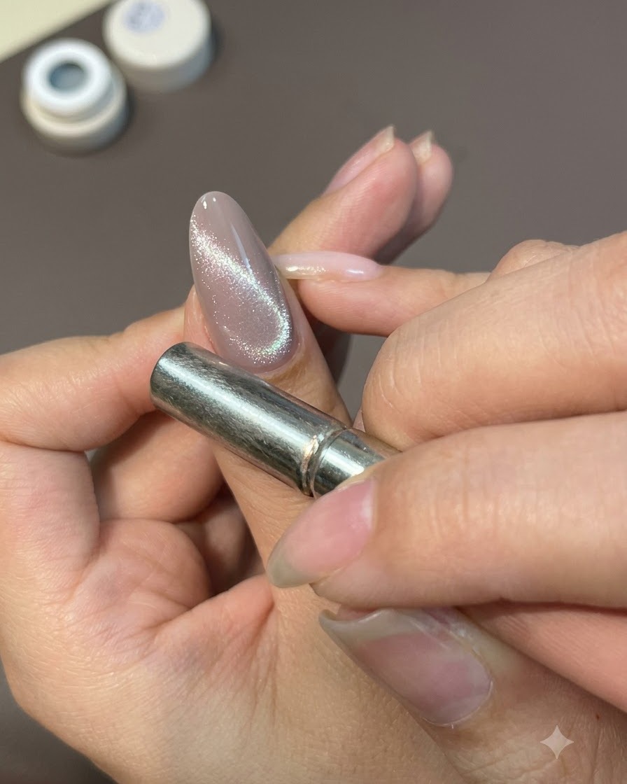 Un aimant puissant tenu près dun ongle en gel cat eye gris-brun brillant, attirant le reflet magnétique en une ligne lumineuse centrale.
