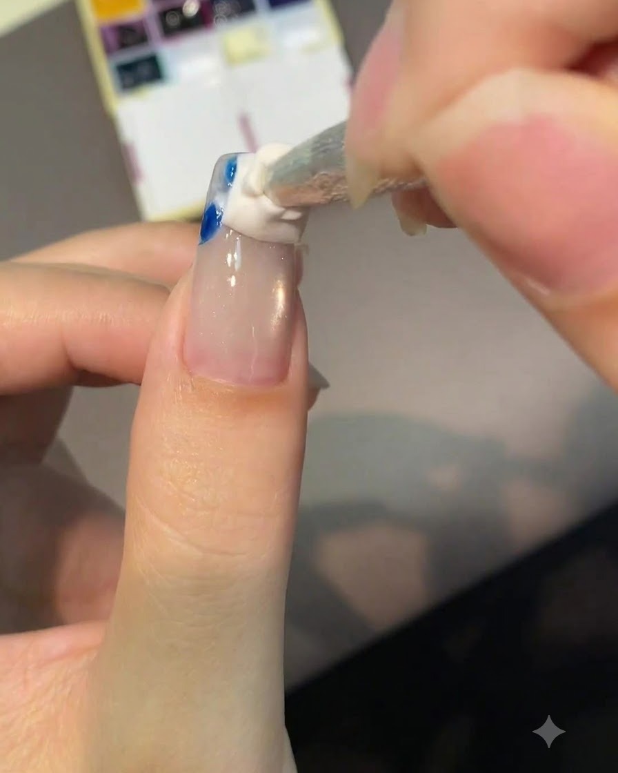 Un applicateur en éponge tamponnant délicatement du pigment blanc et bleu sur lextrémité dun ongle en amande.