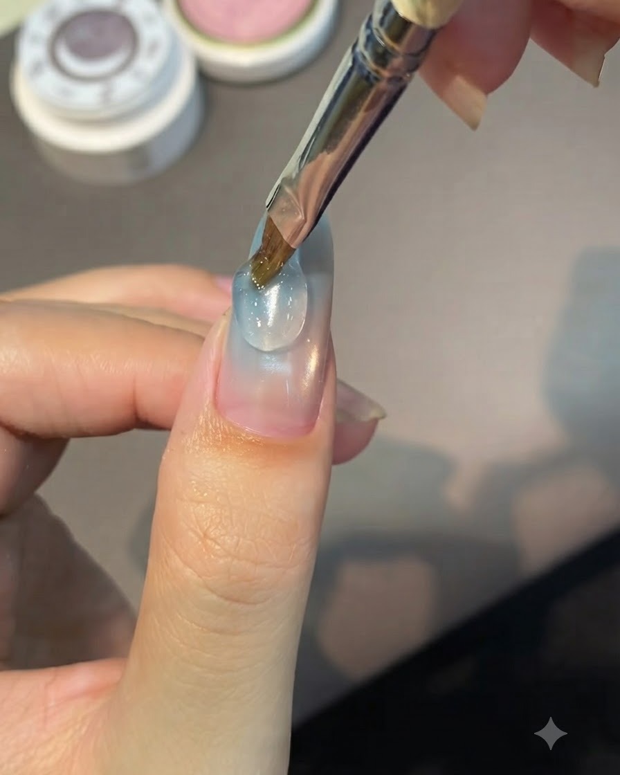 Un pinceau à ongles appliquant une goutte transparente de gel de structure sur la surface dun ongle manucuré.