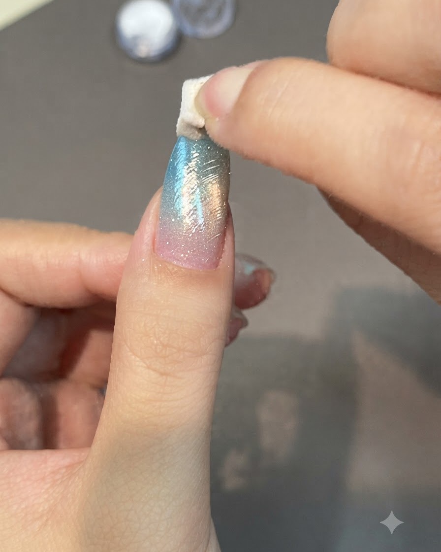 Un applicateur en éponge frottant de la poudre chrome brillante sur un ongle texturé à dégradé bleu et rose.