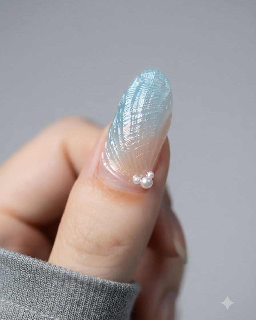 Un pinceau appliquant un top coat de scellement sur un ongle texturé au fini chrome agrémenté de perles.
