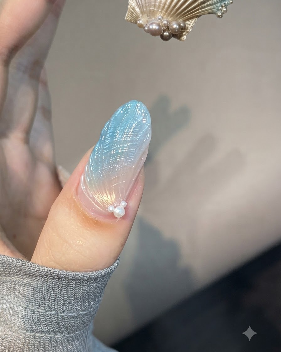 Un pinceau liner fin avec du gel en flacon tenu près dun ongle texturé pour définir les lignes détaillées du coquillage.