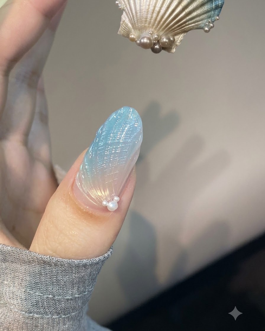 Un ongle texturé détaillé montrant des lignes de coquillage précises dessinées et flash-catalysées trait par trait.