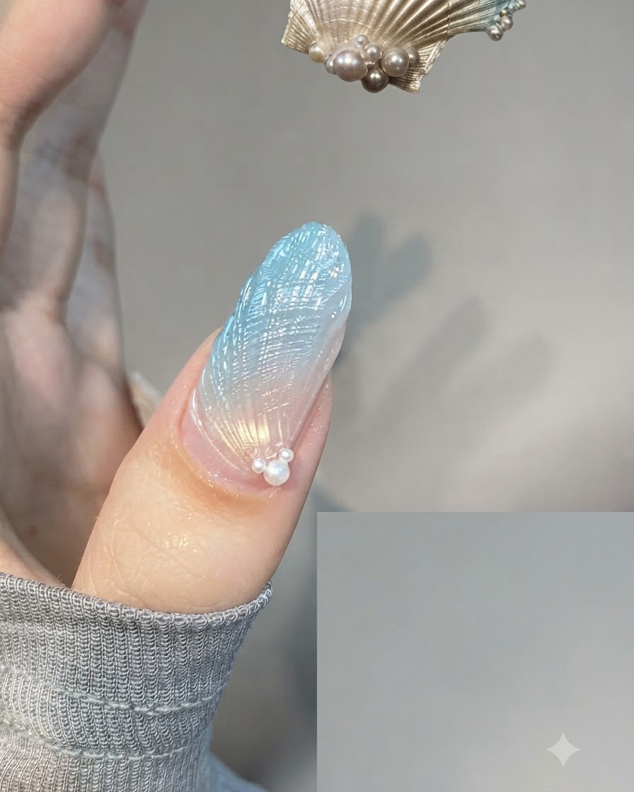 Gros plan sur un ongle texturé effet coquillage bleu terminé avec de petites perles décoratives placées proprement près de la zone des cuticules.