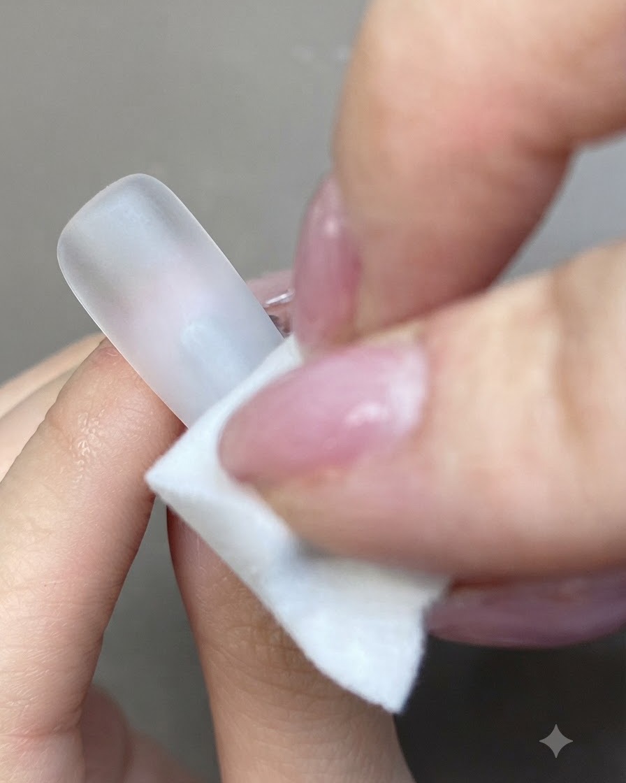 Un coton imbibé de gel blanc tamponné délicatement sur la pointe dune surface dongle artificiel blanc mat.