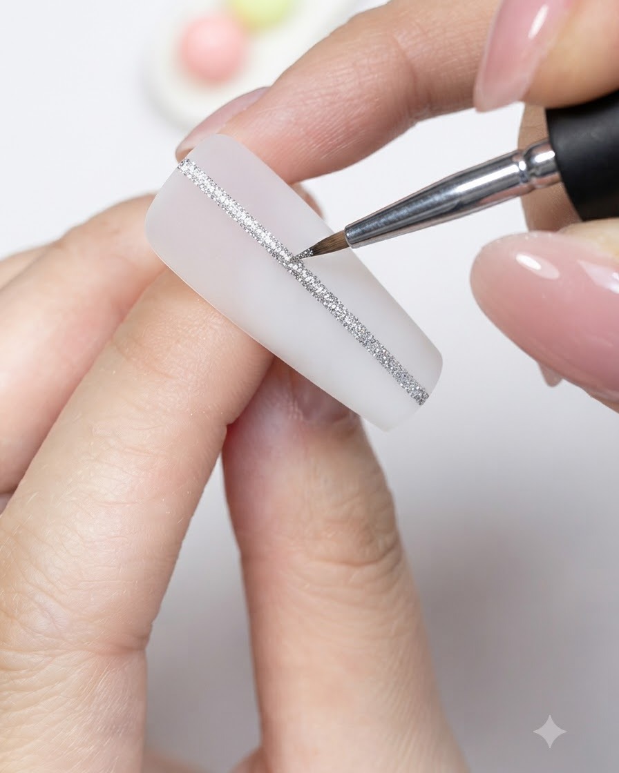 Un pinceau fin pour nail art dessinant une ligne de paillettes argentées sur une surface dongle artificiel blanc mat.