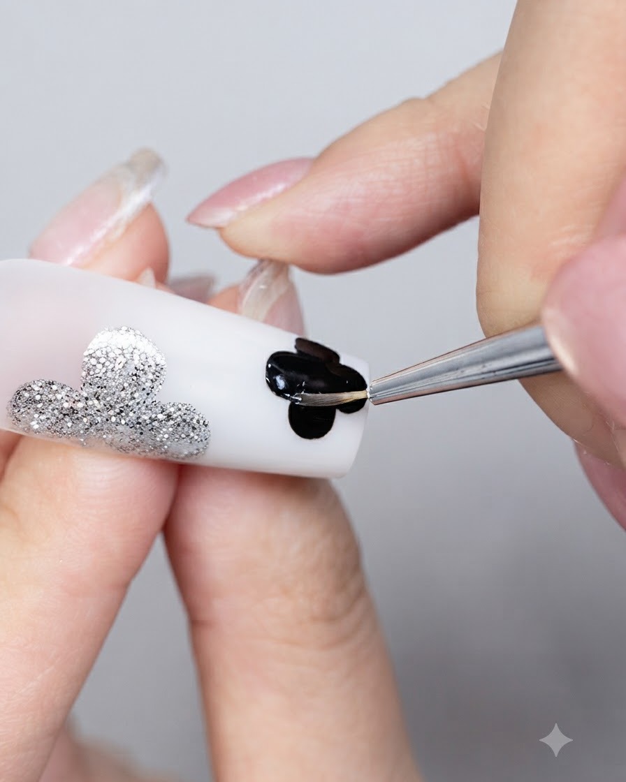 Un pinceau de détail fin appliquant du gel adhésif pour strass le long de la bordure dun design de trèfle à quatre feuilles noir sur un ongle.
