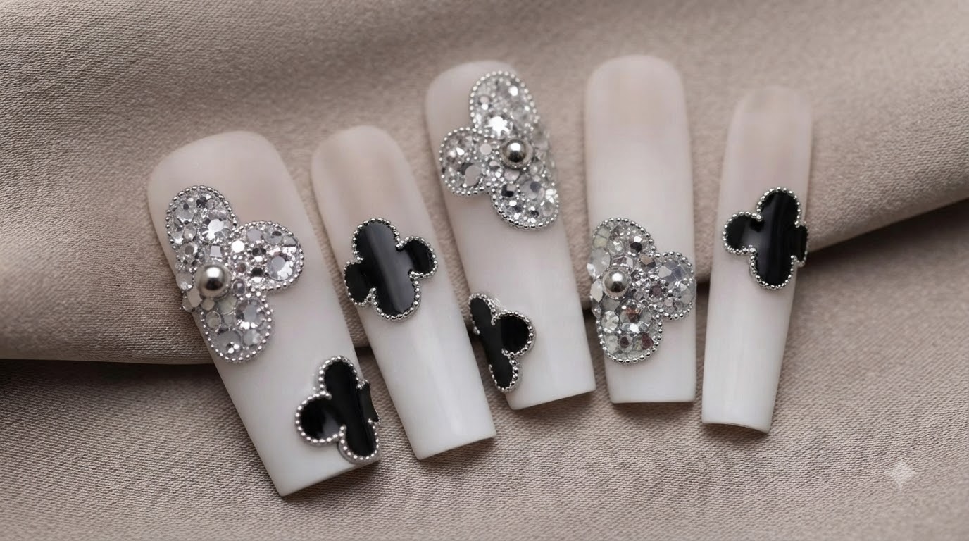 Ongles Gel Strass et Paillettes Motif Trèfle Van Cleef : Tutoriel Pas à Pas