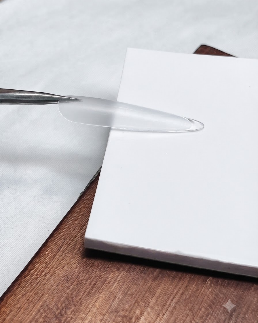 Une capsule dongle stiletto transparente placée face contre terre sur une carte blanche à laide dune pince.