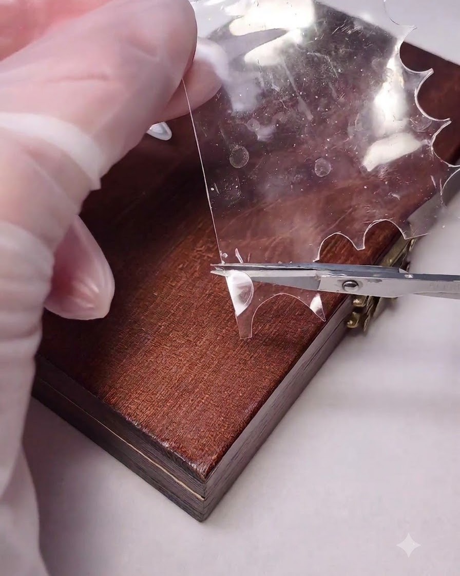 Des ciseaux découpant un petit morceau de film plastique transparent dans une feuille plus grande.