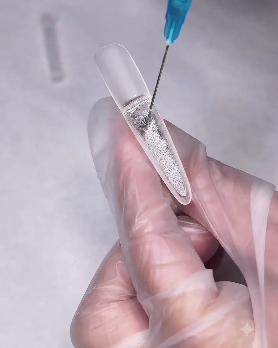Laiguille dune seringue insérant de lhuile transparente dans le compartiment quicksand scellé dun ongle.