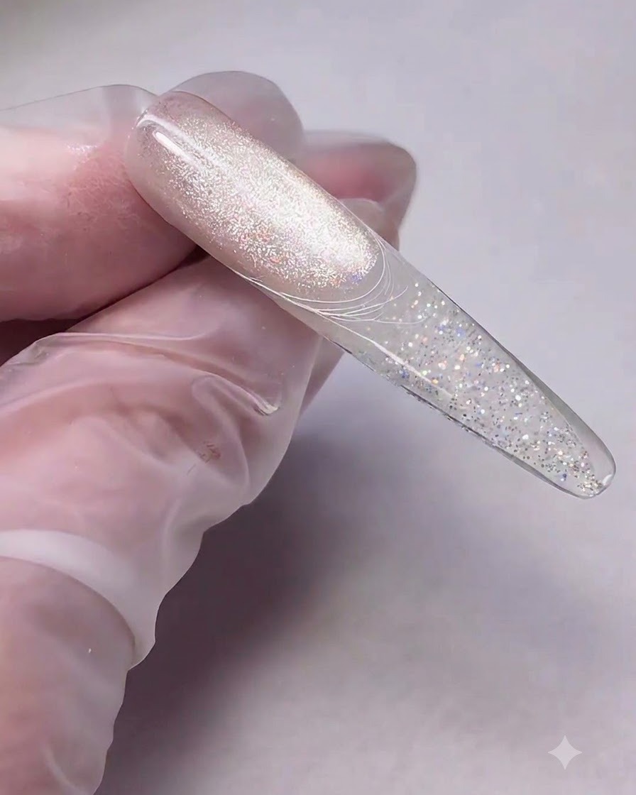 Un pinceau fin étirant du spider gel blanc sur une capsule dongle pour former de fines lignes entrelacées.