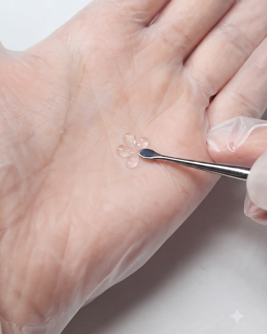 Un repousse-cuticules en métal prélevant une petite bille de gel de sculpture 3D blanc et solide.