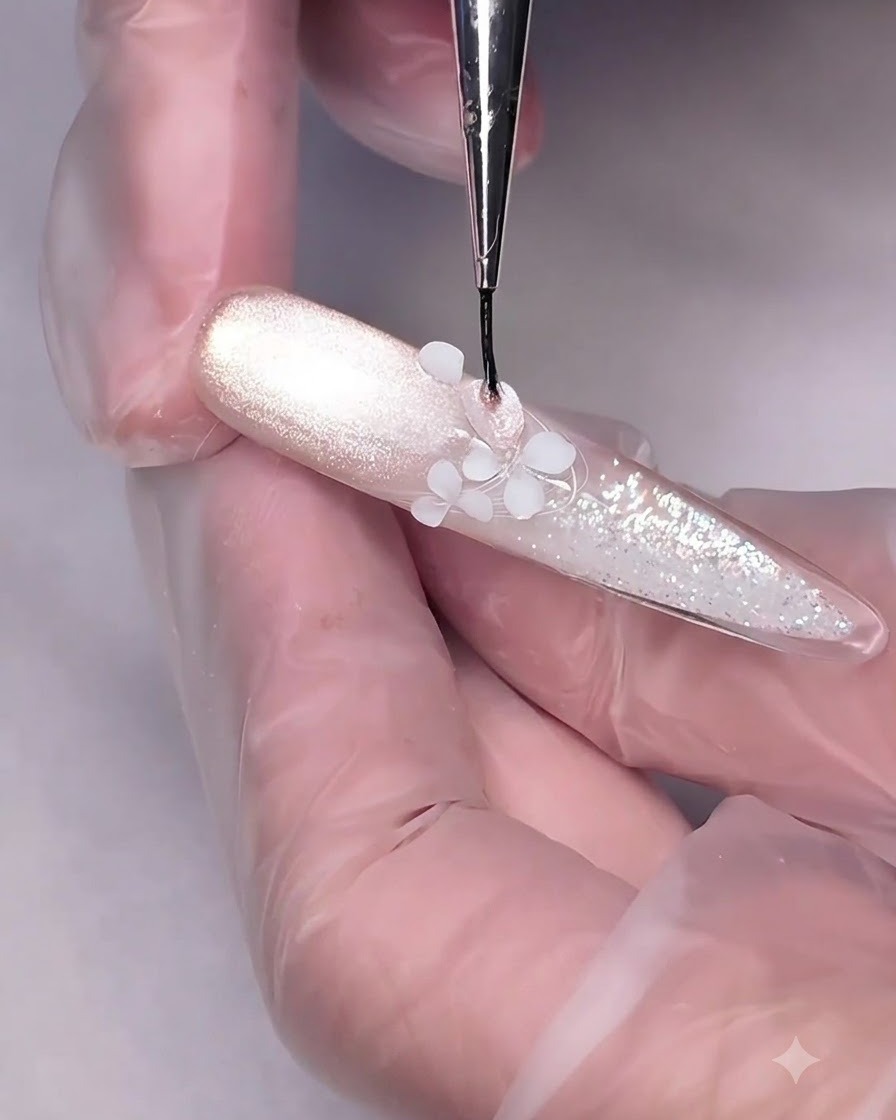Gros plan sur un aimant cylindrique maintenu juste au-dessus dun nail art floral détaillé pour attirer le reflet magnétique cat-eye.