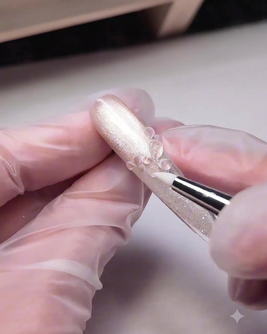 Un pinceau de détail appliquant un gel de modelage épais transparent sur des pétales sculptés en 3D pour un rendu de fleur de glace brillante.