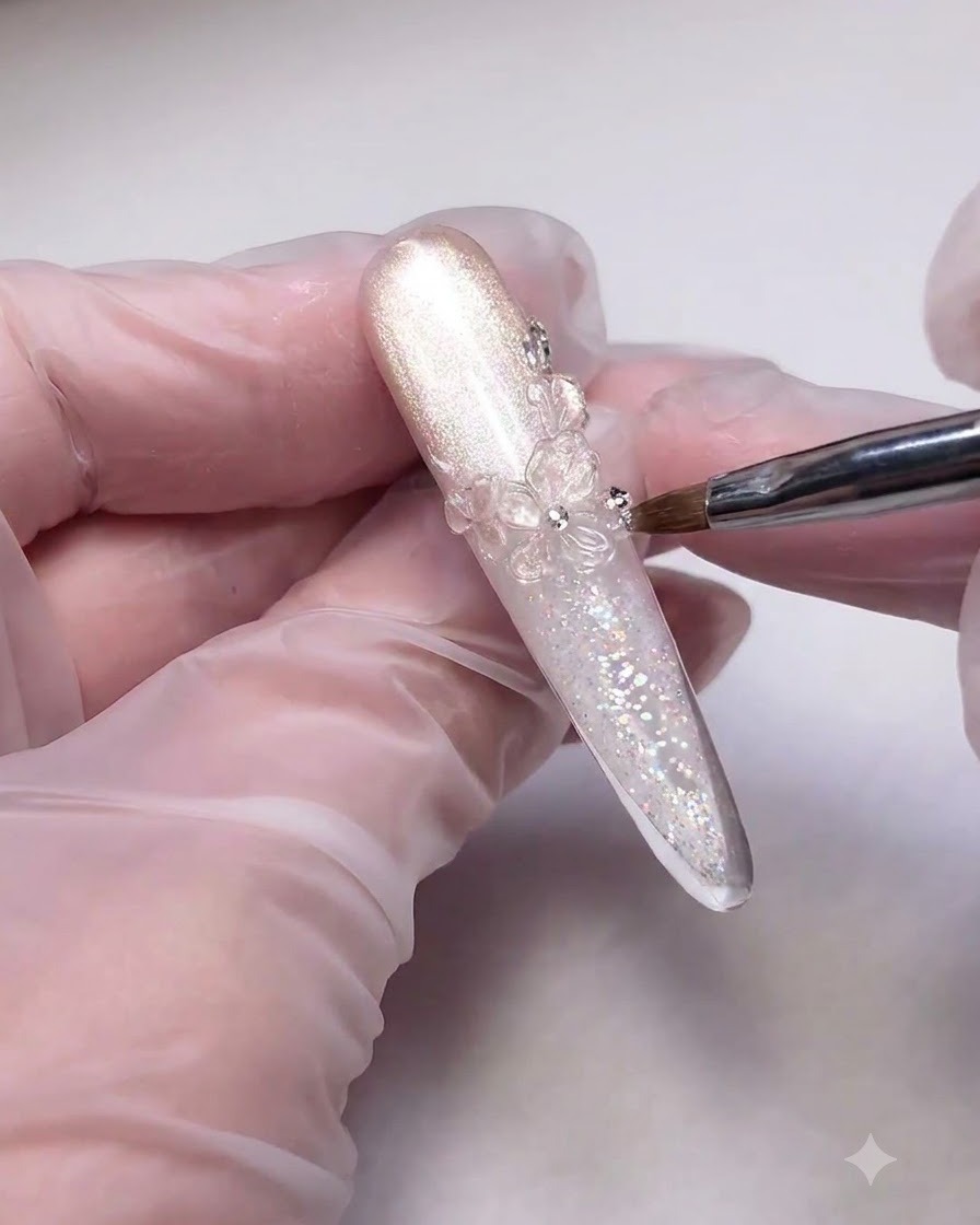 Un outil positionnant de minuscules strass et perles argentés autour dune fleur de glace 3D transparente sur un ongle scintillant.