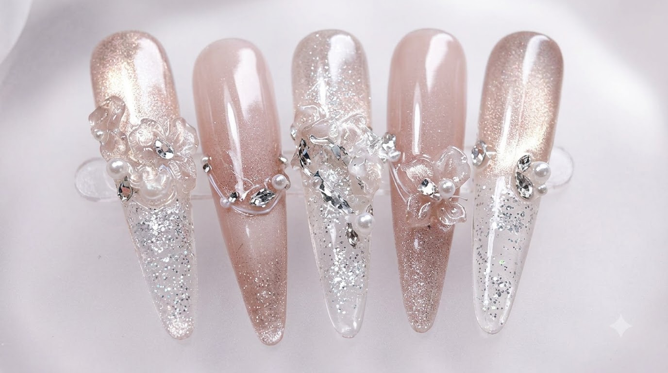 Ongles Effet Sablier & Œil-de-Chat avec Fleurs de Glace en 3D — Tuto Étape par Étape