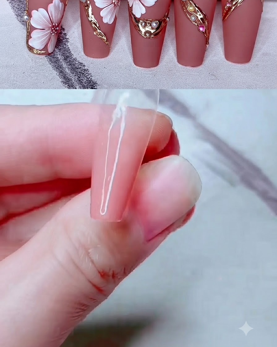 Gros plan dune prothésiste ongulaire appliquant un gel rose lacté sur une extension dongle transparente.