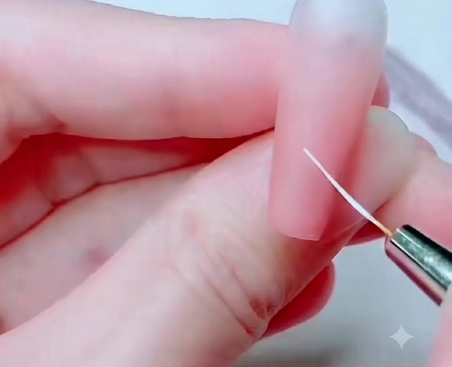 Un pinceau fin de détail traçant de fines lignes blanches pour les pétales sur un ongle rose.