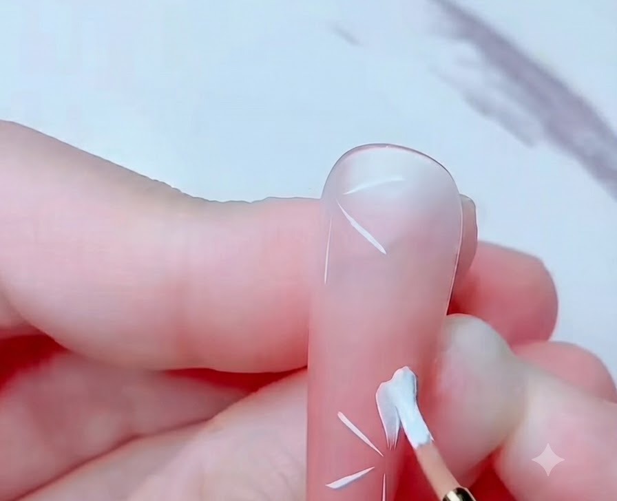 Un pinceau de nail art remplissant de blanc les pétales de fleurs de cerisier sur une base rose.