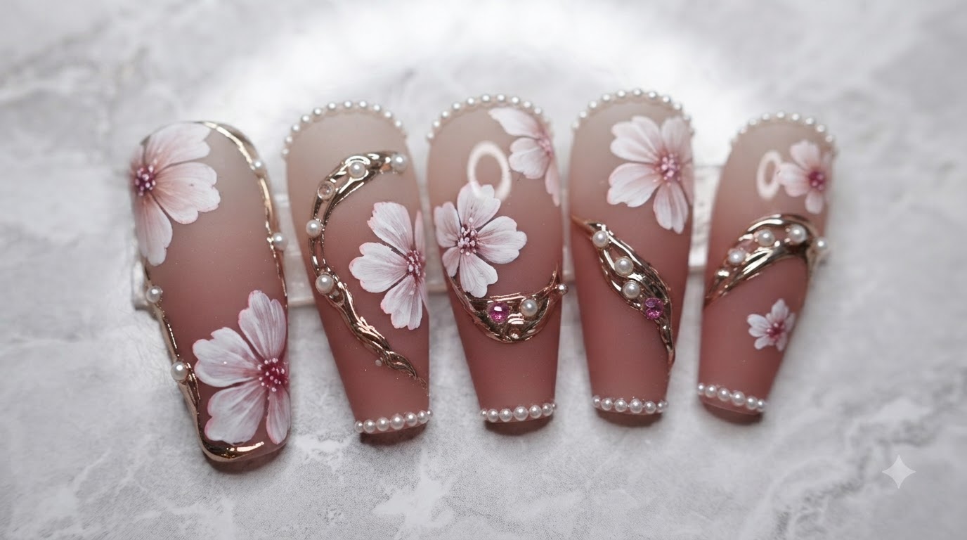 Nail Art Fleurs de Cerisier avec Accents Dorés et Perles — Tutoriel Étape par Étape