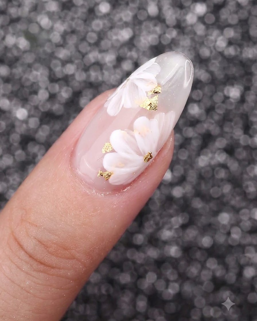 Un pinceau fin de détail ajoutant de délicats détails détamines en or métallisé au centre des fleurs blanches peintes sur un ongle.
