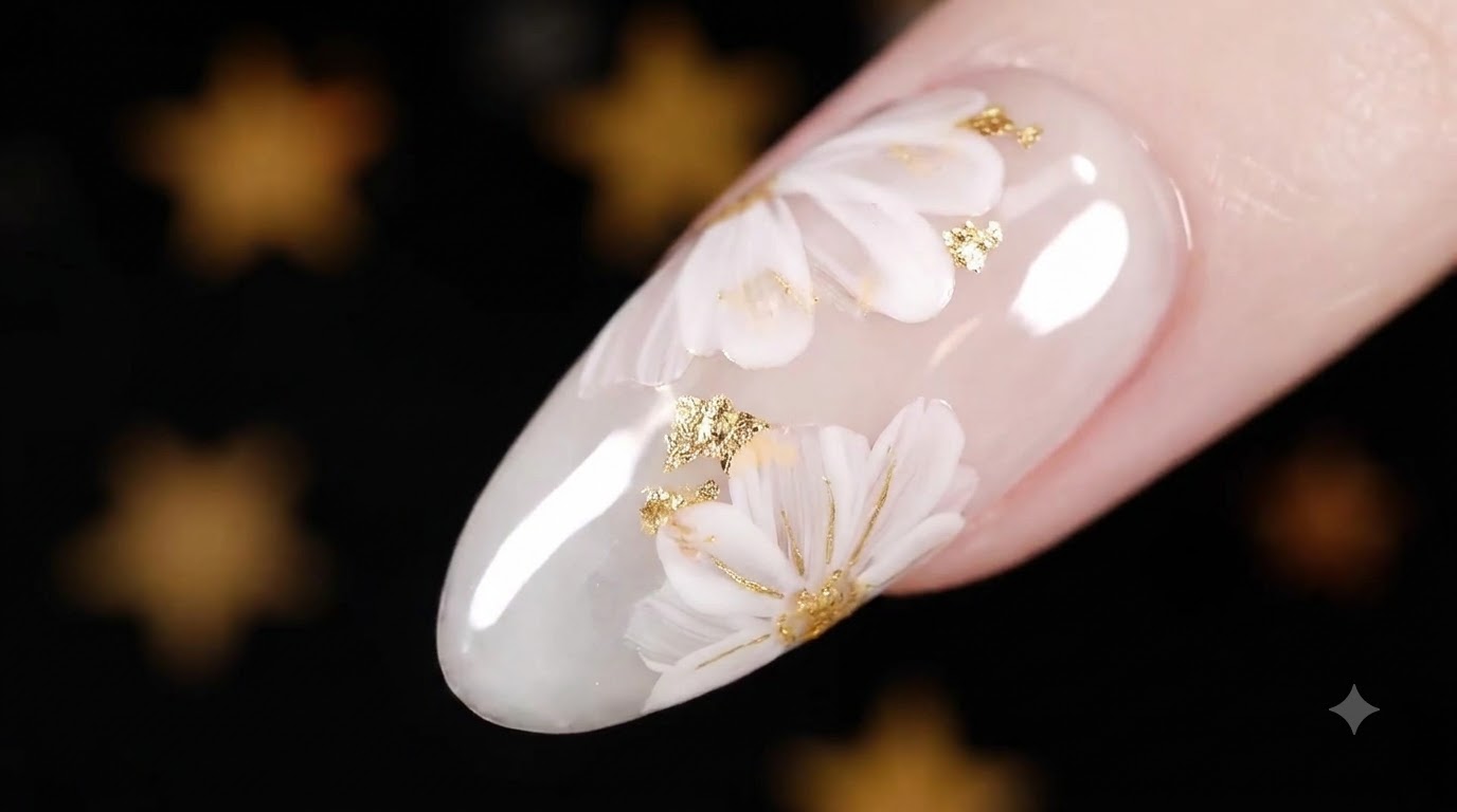 Ongles en gel effet floral blanc et feuille d'or — Tutoriel élégant étape par étape